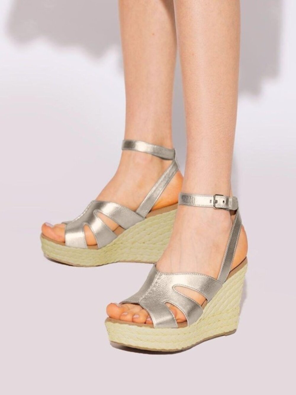 UGG Careena Leather Sandals Platform Espadrille Wedges Gold Metallic Size 10 NEW